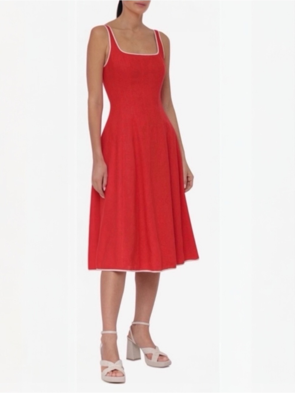 7 For All Mankind Red Linen Sleeveless Fit-n-Flare Summer Midi Dress Small NEW